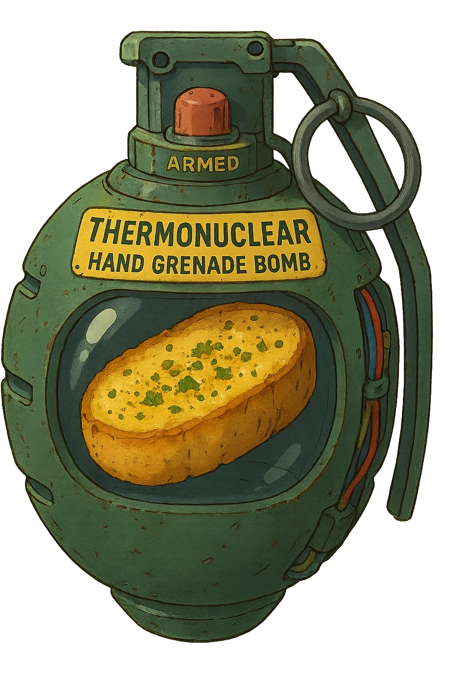 a thermonuclear hand held grenade IED, futuristic cyberpunk. The primed exlosive element is not c4 plastique, but it is garlic bread. emoji