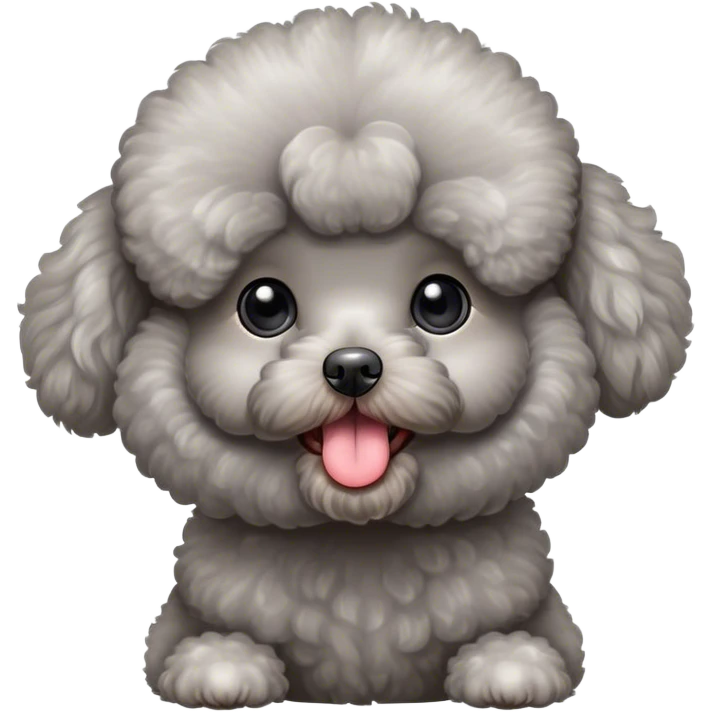 Toy poodle, grey, fluffy, cute, sticking its tough out, female, dog, tiny and cute, rounded eyes, fluffy, young puppy  emoji