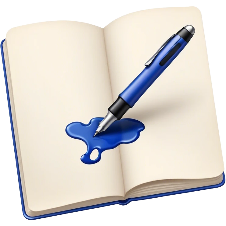Create a vibrant emoji featuring a classic ink pen (fountain pen) as the main symbol of prose writing. The design should highlight the elegant curves of the pen, with ink flowing from the nib onto a blank page or scroll. Use deep ink blue, black, and subtle metallic accents to convey sophistication and creativity. The emoji should be simple yet striking, representing the art of storytelling. Make the background transparent. emoji