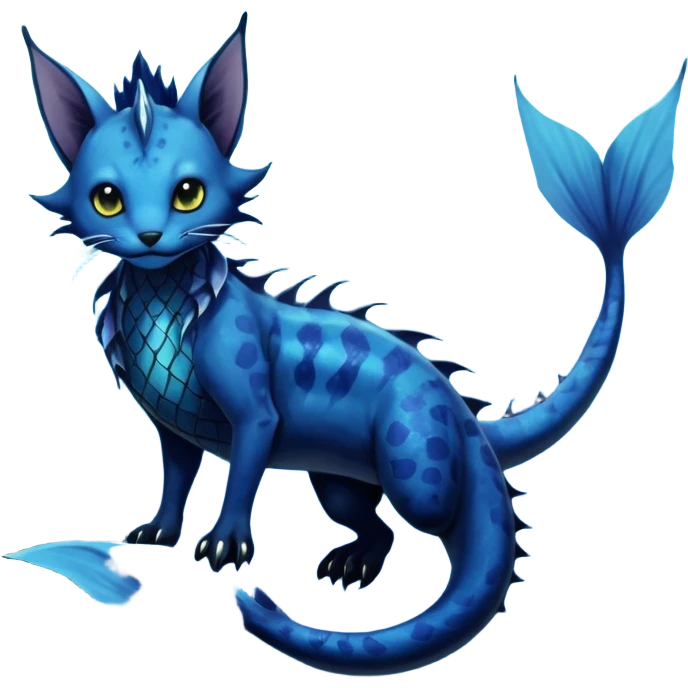 Epic complex abyssal fantasy swampy glorious detailed dark dusky gloomy deep gothic gloomy cobalt-blue-abyss-blue-black-greyish, realistic Fakémon-Sprigatito-Floragato-Meowscarada-Vaporeon-Salandit-Trico-Sergal-Serval-Vernid-creature (full body) with mermaid-ears, tail fin, shiny sparkly, iridescent emoji