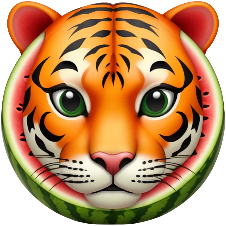 Cartoon watermelon with tiger face where the red flesh is visible, tiger stripes blending with watermelon pattern emoji