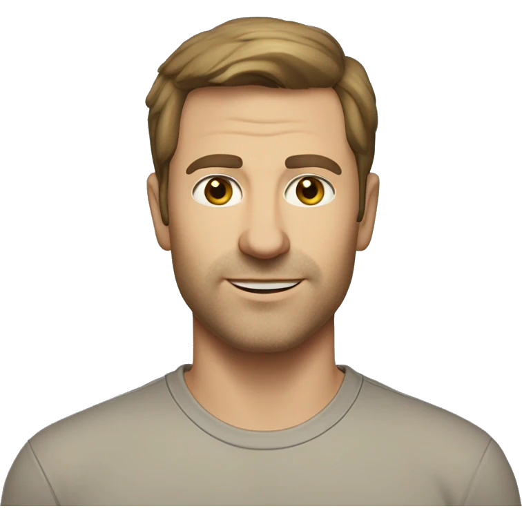 A head and shoulders shot of a 37 year old Caucasian man, with short brown hair, with none facial hair,   with brown eyes wearing a t-shirt. emoji