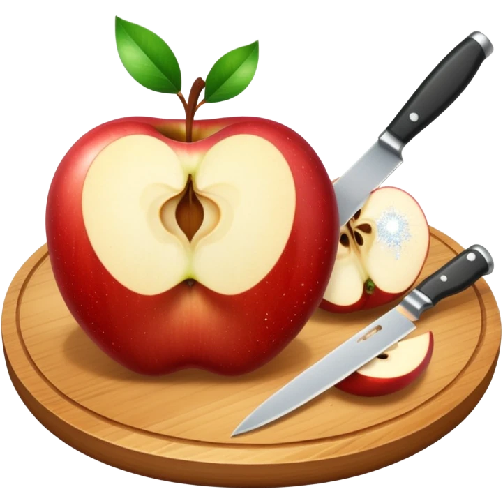 A round wooden board with a whole apple and several slices on it and knife, with sparkles emoji