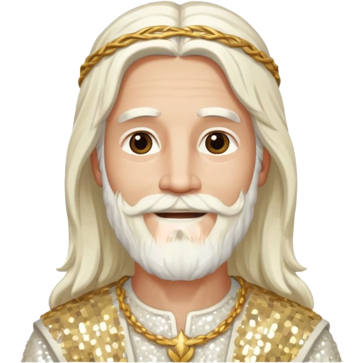 Jesus, Son of God from Gods and Goddesses with long white hair and beard, ivory sequin outfit emoji