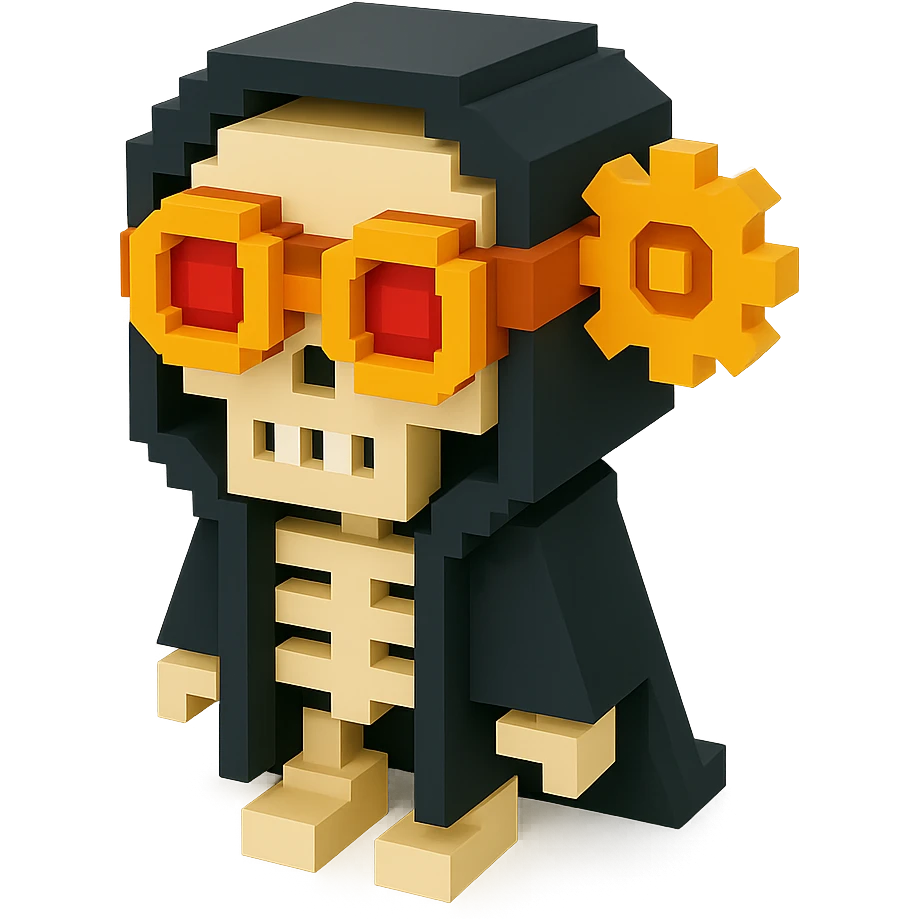 a skeleton man in a black cloak with steampunk goggles and gears, voxel style emoji
