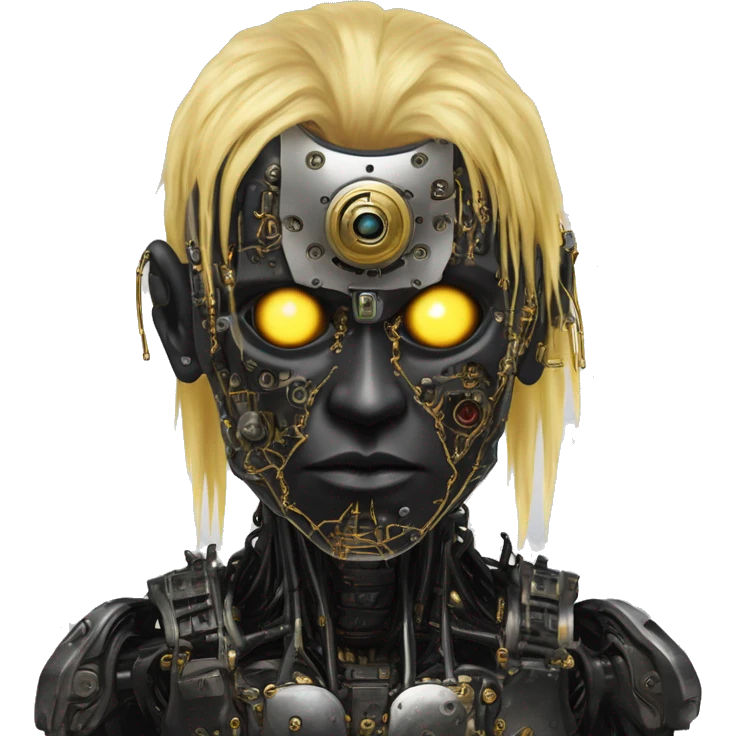 black metal male cyborg head with artificial eyeball, circuitry and wispy yellow gold hair emoji