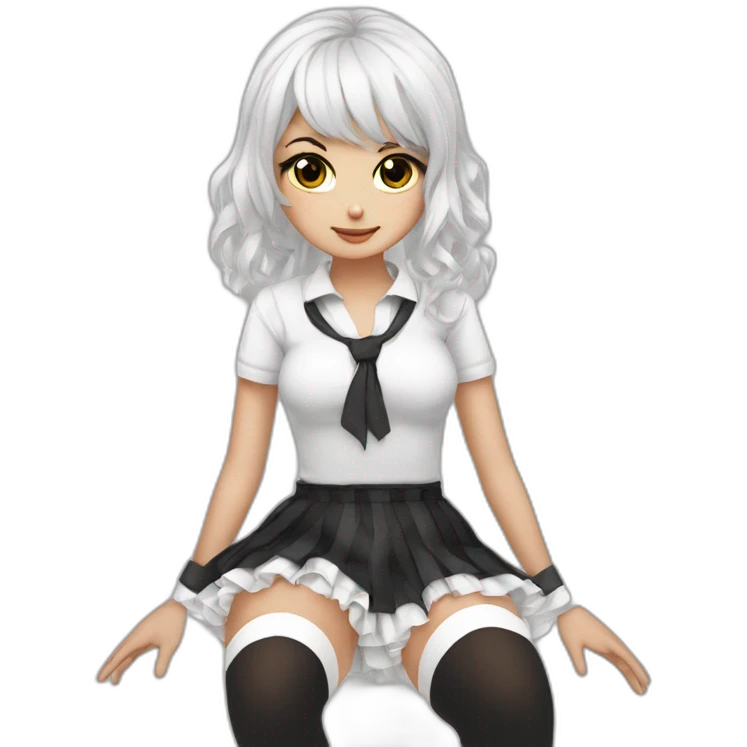 Frontal view curvy emo girl sits white skirt striped stockings hands up emoji