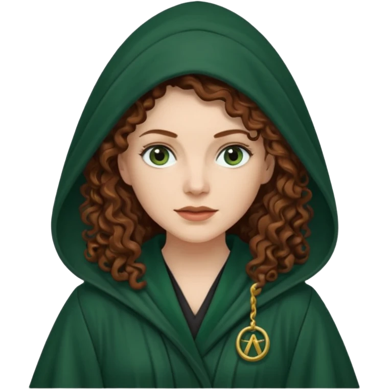A white woman with long dark auburn hair robed and hooded like she's a Traitor in the tv show The Traitors. her hair is curly and the robe is a dark dark green emoji