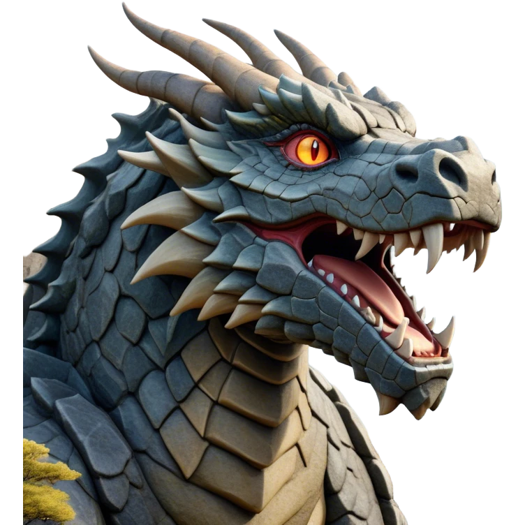 Cinematic Noble Giant Rock Dragon Portrait Emoji, Poised and awe-inspiring, with a massive, rugged form carved from ancient stone, featuring intricately textured scales that resemble weathered granite and basalt, and piercing, stony eyes echoing the strength of timeless mountains; rendered with lifelike detail and earthy natural highlights, high shine, formidable and grounded, styled with an aura of primordial majesty, focused and resolute, soft glowing outline, capturing the essence of an enduring rock titan ready to surge from the screen with ageless power! emoji