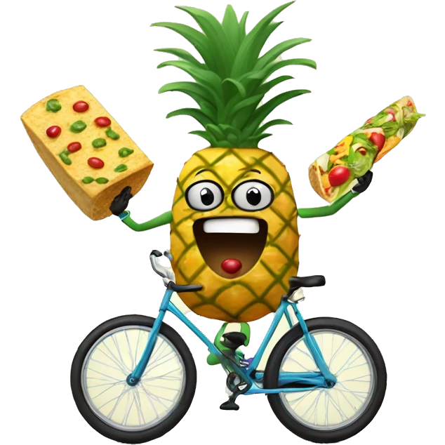 A pineapple with googly eyes, wearing a monocle, riding a unicycle while juggling tacos. emoji
