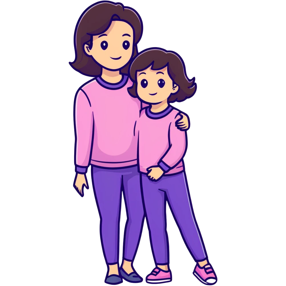 A brunette mom, with her little brunette daughter Mom, wearing purple daughter wearing pink emoji
