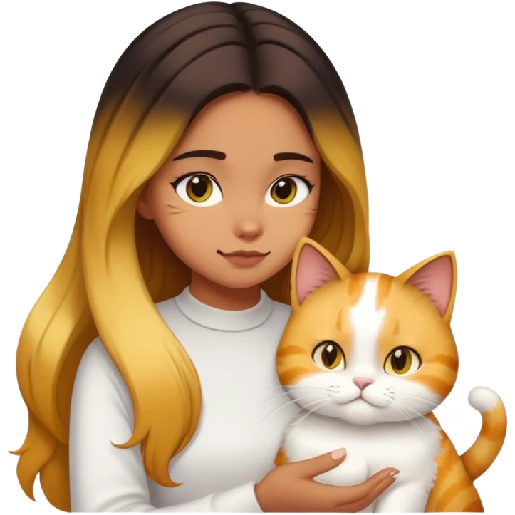 Girl with yellow and black Balayage longhair  petting her white Garfield cat and brown Garfield cat emoji