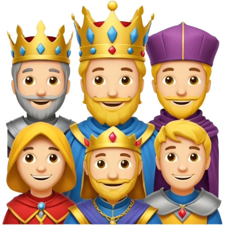 fait moi un Roi 1 Connétable un Chevalier un paysan et un Bouffon avec le style graphique cartoon et personnage jaune emoji