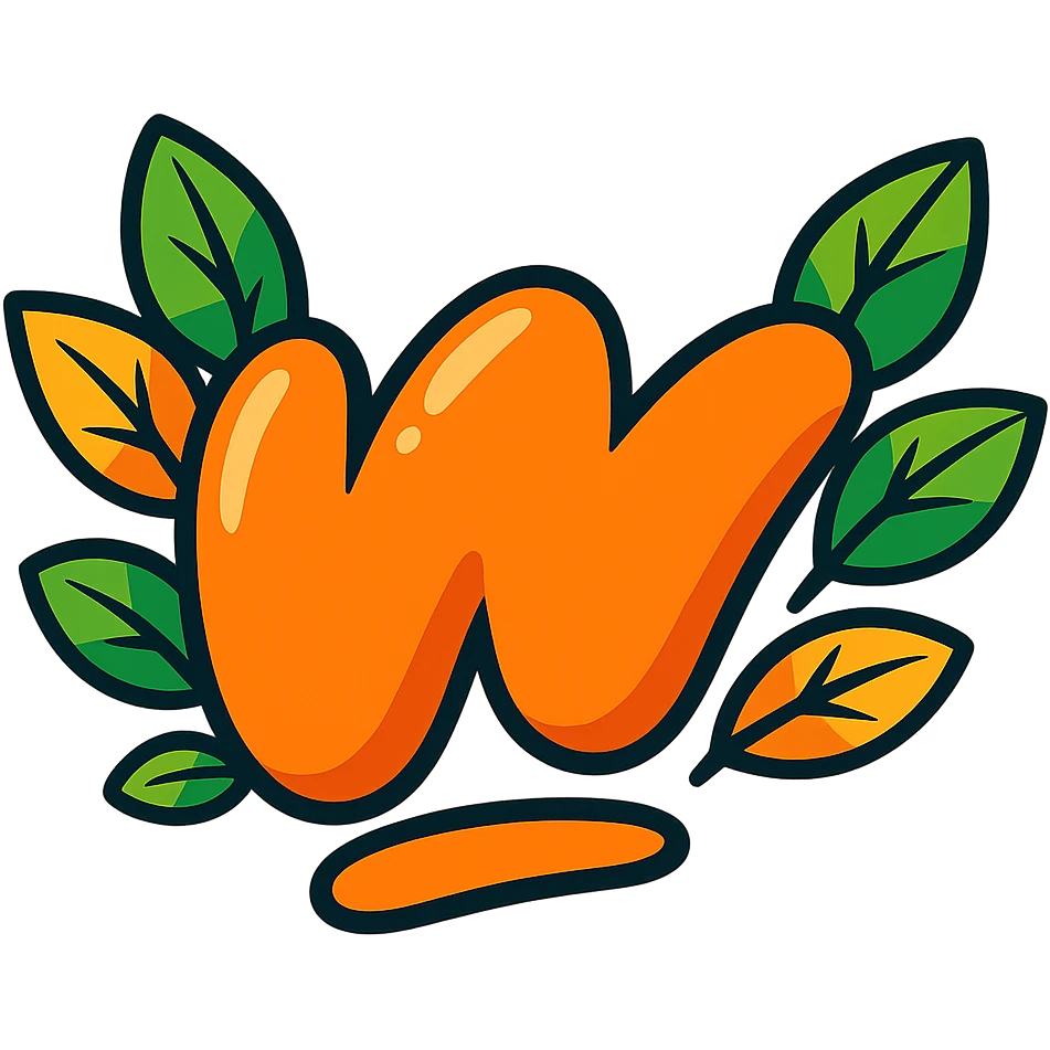 chunky, lively Wattpad 'w' logo, bold cartoon outline, playful shadows, glossy finish, accented with vivid leaves encircling the logo, no background, vibrant toon style emoji
