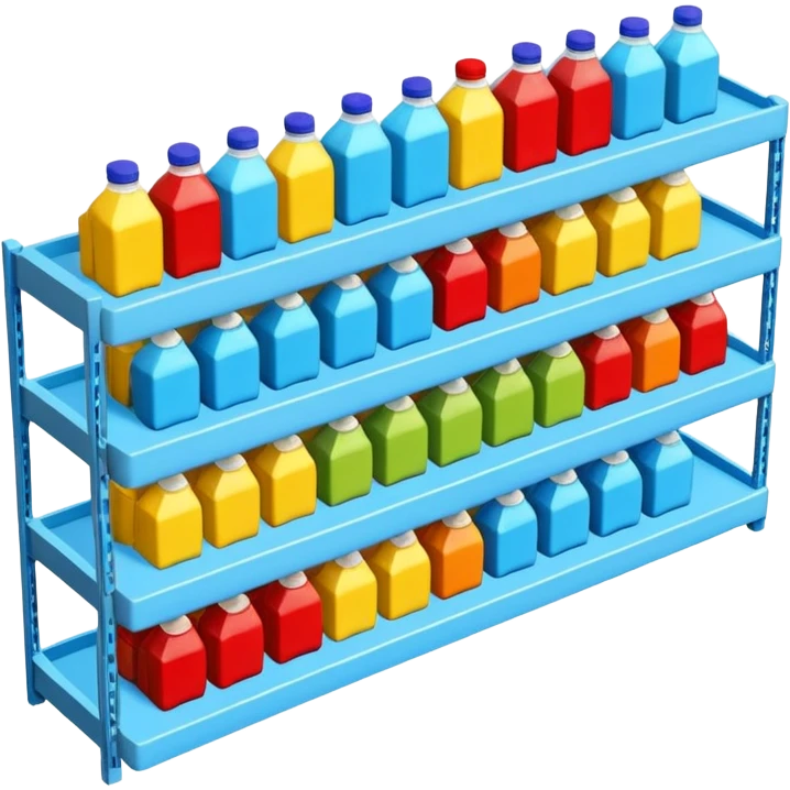 3D warehouse shelf with drinks bottles and products, 
organized retail shelves, colorful product packages, store inventory, 
transparent background, emoji style, realistic, isometric view emoji