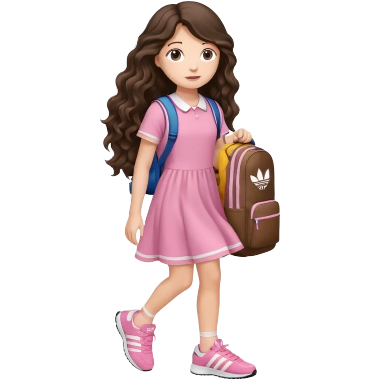 aestethic brunette very,very,very long wavy hair walking with a school backpack, with a cute pink dress, adidas shoes emoji
