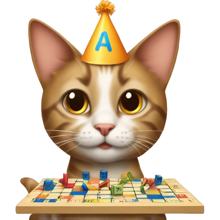 cat wearing a birthday hat playing scrabble emoji