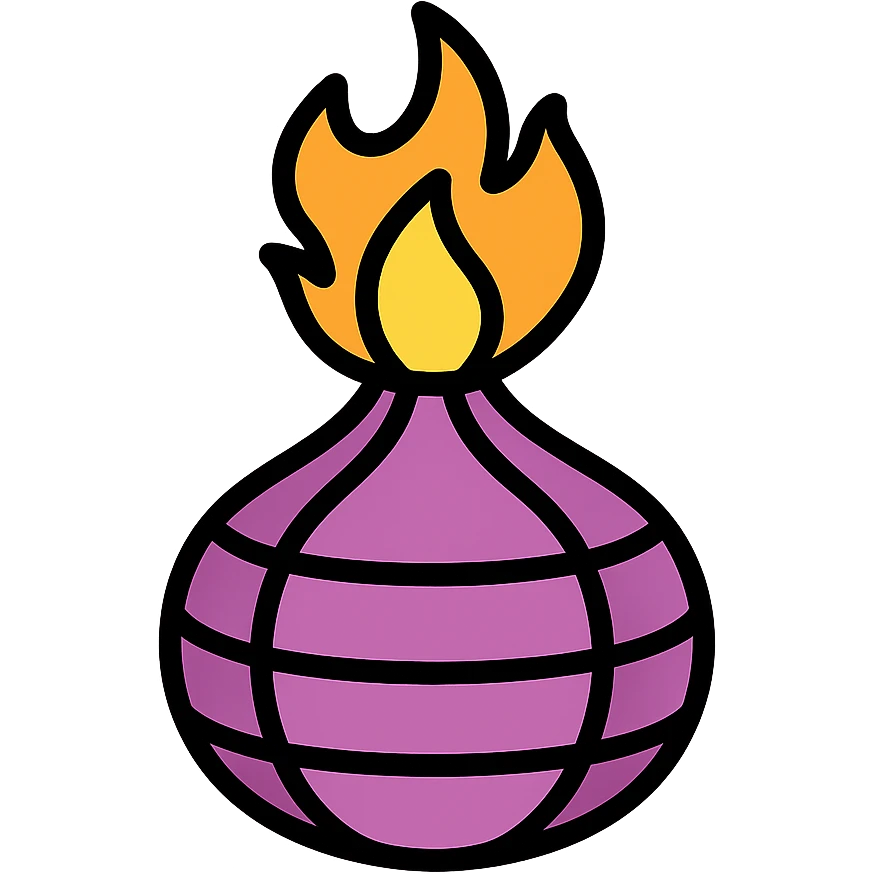 sliced onion stacked to look like a volcano with fire erupting from the top emoji