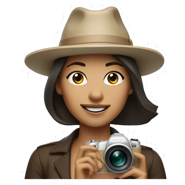 A woman with dark brown hair and a beige hat, winking and holding camera emoji