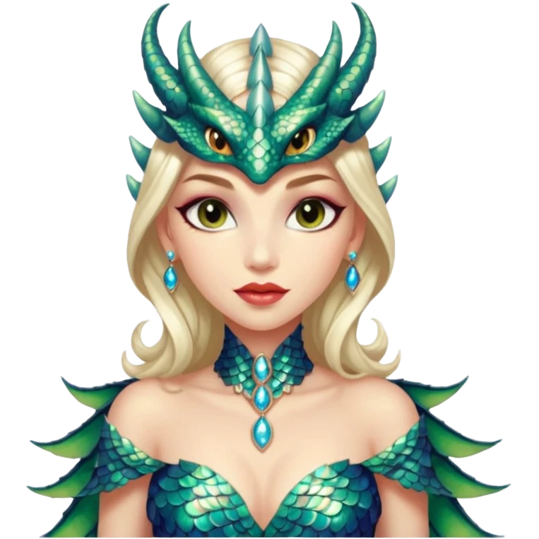 A gorgeous dragon woman with glittering jeweled scales covering her body and face. She has large almond shaped eyes, lush lips, and she wears a stunning luminescent gown. emoji