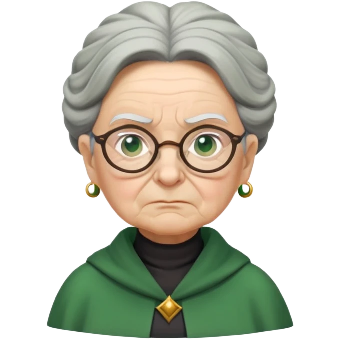 Stern elderly witch professor with glasses, tight bun, green robes, frowning with disapproval emoji