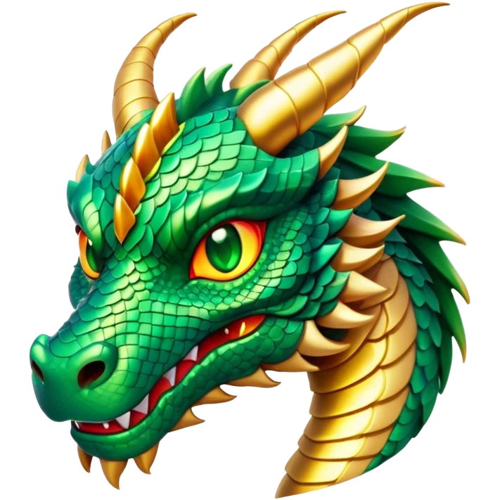 Cinematic Noble Dragon Portrait Emoji, Poised and majestic, with a sinuous, elongated body covered in intricately detailed, shimmering scales in hues of emerald and gold, and piercing, fiery eyes that reflect ancient wisdom; rendered with lifelike texture and natural highlights, high shine, intelligent and formidable, styled with an aura of mythic power, focused and attentive, soft glowing outline, capturing the essence of a legendary dragon that appears ready to soar out of the screen with timeless authority! emoji