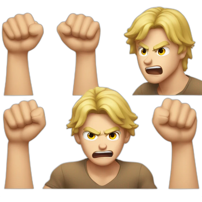 light haired angry young man in dark t-shirt with both fists clenched over his head emoji