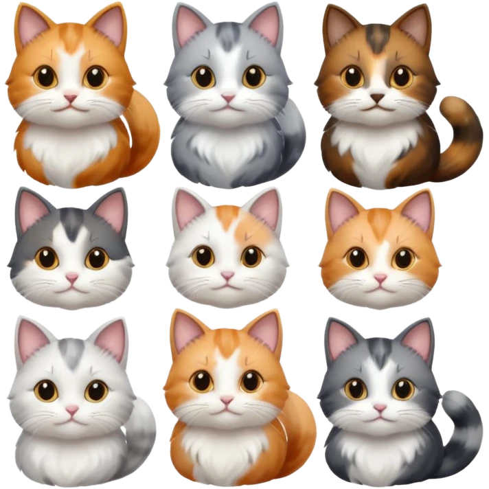 6 realistic looking cats with different natural coloured coats, assorted grey and white, greys, calico, brown and white colours etc
 emoji