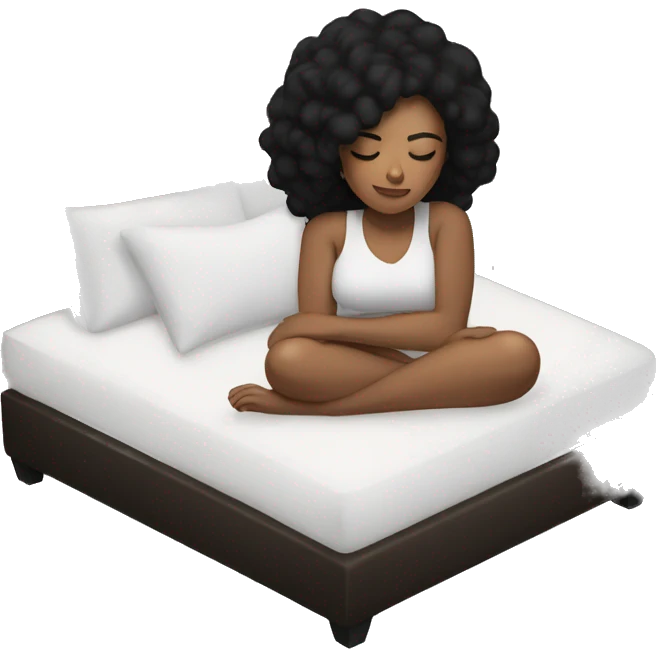 Sleeping woman with light brown skin and black hair laying on white pillow in large bed with black covers cozy emoji