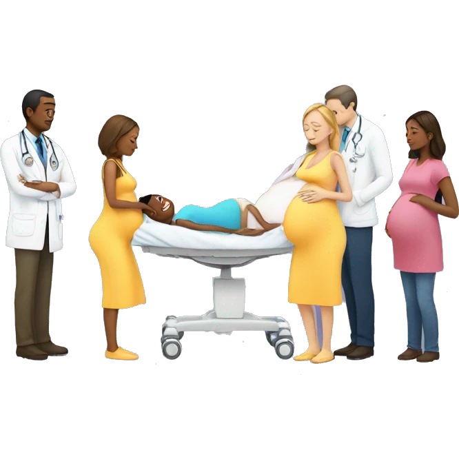 a pregnant woman gives birth and doctors stand nearby emoji