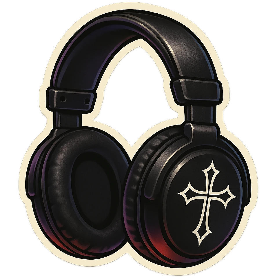 black gothic headphones with vintage gothic graphics and sticker-like borders emoji