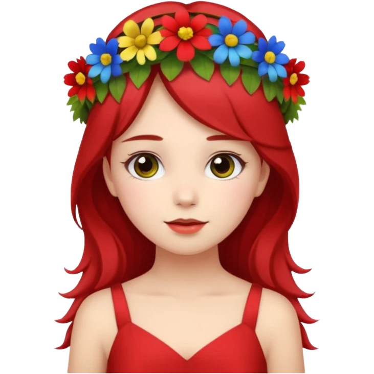 girl with flower crown in red dress and yellow ,blue,green colored flowers emoji