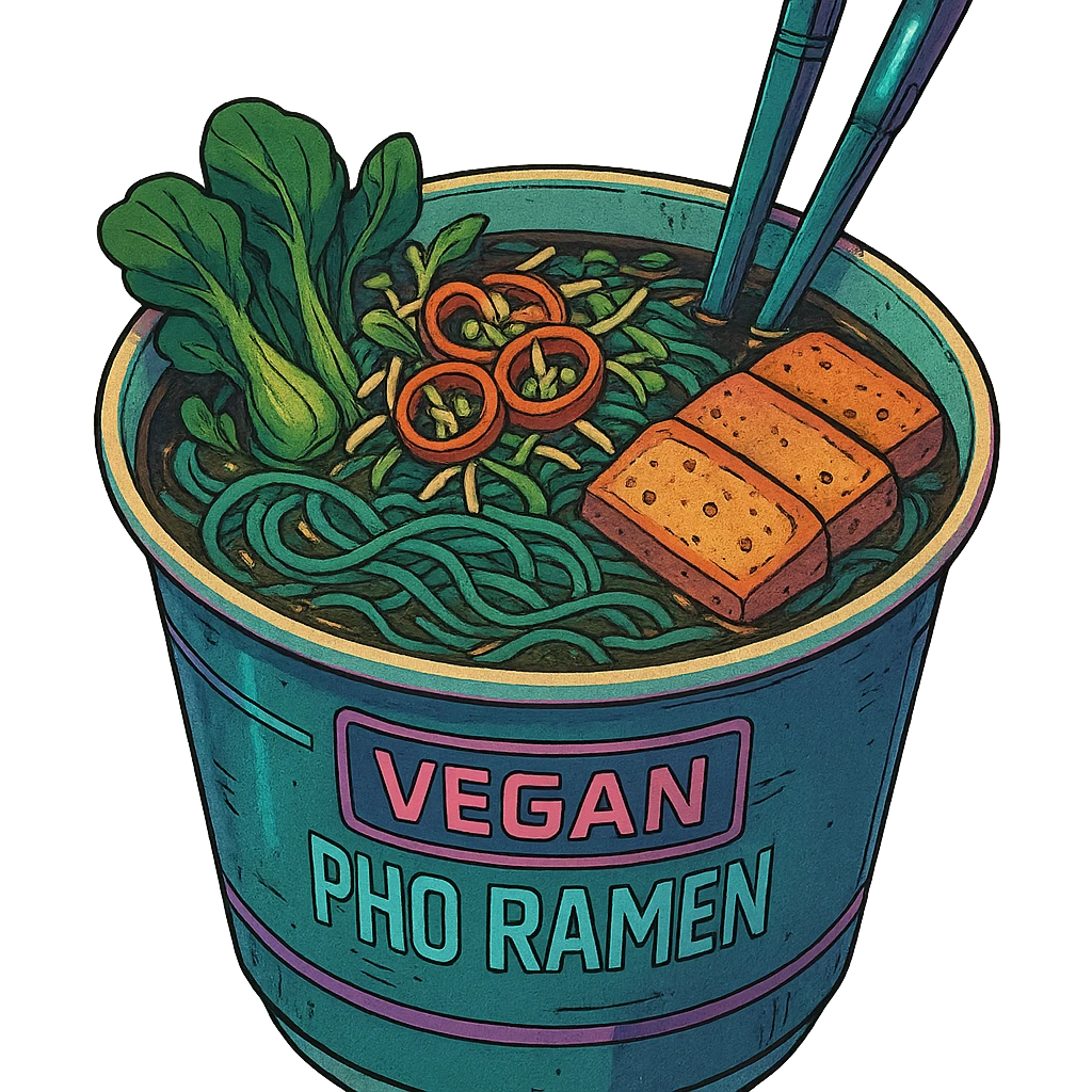 cyberpunk futuristic, scifi, a bowl of delicious VEGAN pho, ramen, 1990s, paper cup emoji