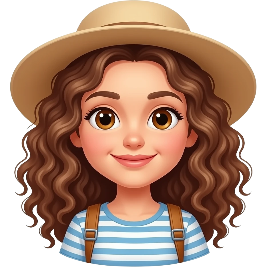 white girl with brown eyes and long curly hair on vacation with a suitcase emoji