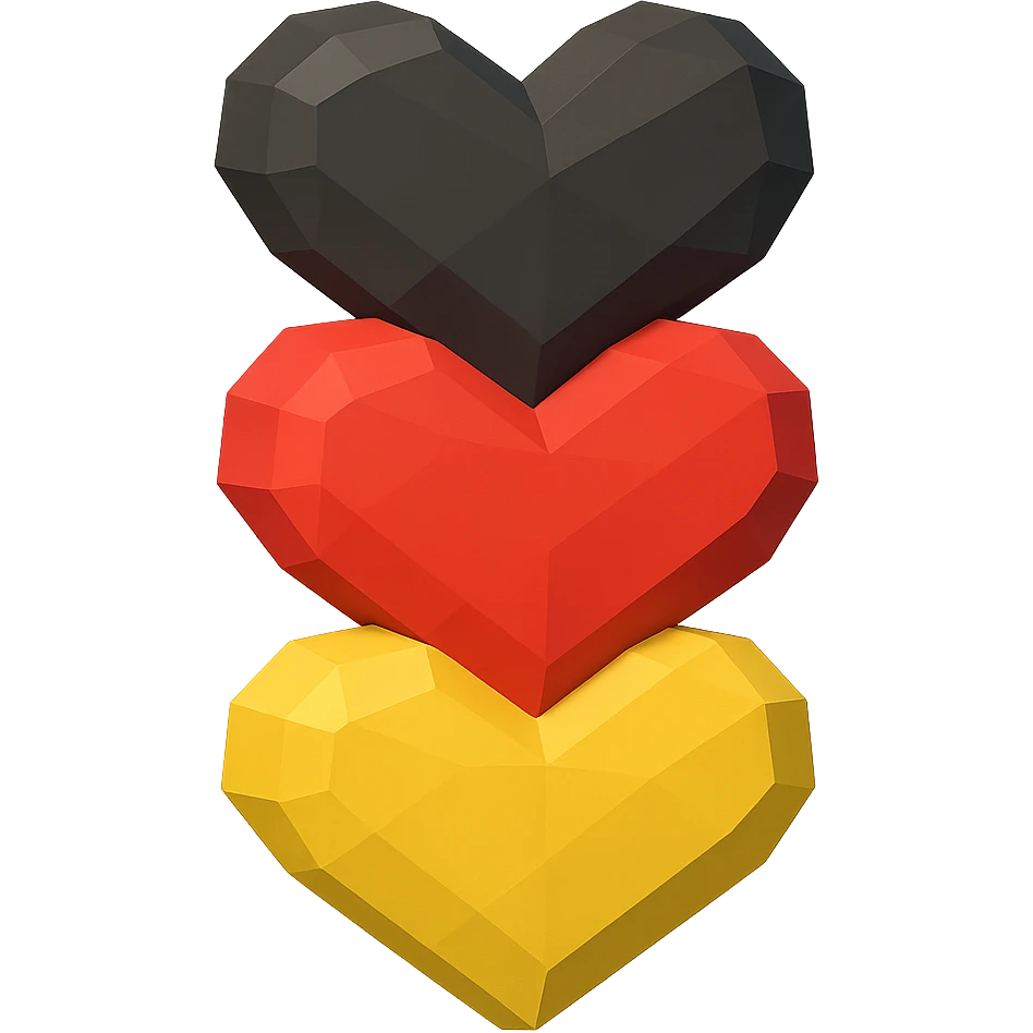 Make the hearts 3D with a simple and clear design, keeping the German flag arrangement, no background. emoji