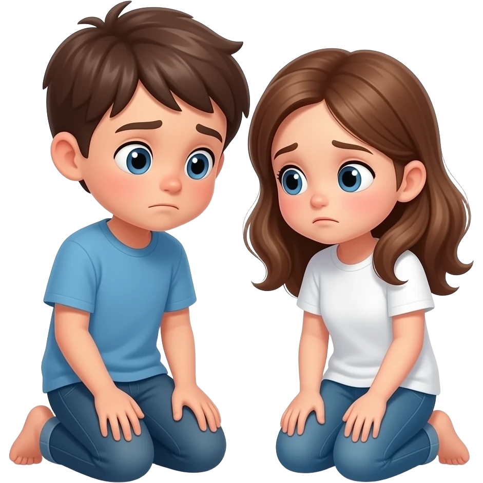 chico y chica son hermanos,se estan preguntando asustados donde estan, el chico castanyo i con pelo corto y la chica pelo suelto y color avellana y los dos tienen ojos azules son hermanos estan depie se les ve los pies la camiseta de la chica es blanca emoji