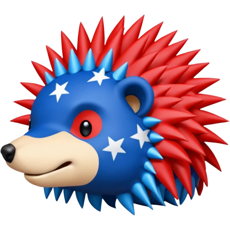 Red and blue Porcupine facing right. Bottom layer red: covers feet, round face, 2 spikes. blue upper layer 6 spikes, 3 white 5 pointed stars in the middle of the blue. emoji