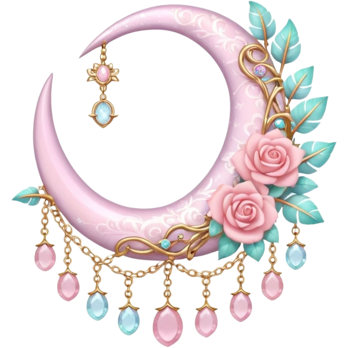 Rosy shiny glossy sparkly romantic pastel crescent damask moon with rose quartz pastel vines pastel gems pastel beads with feathers and chains  emoji