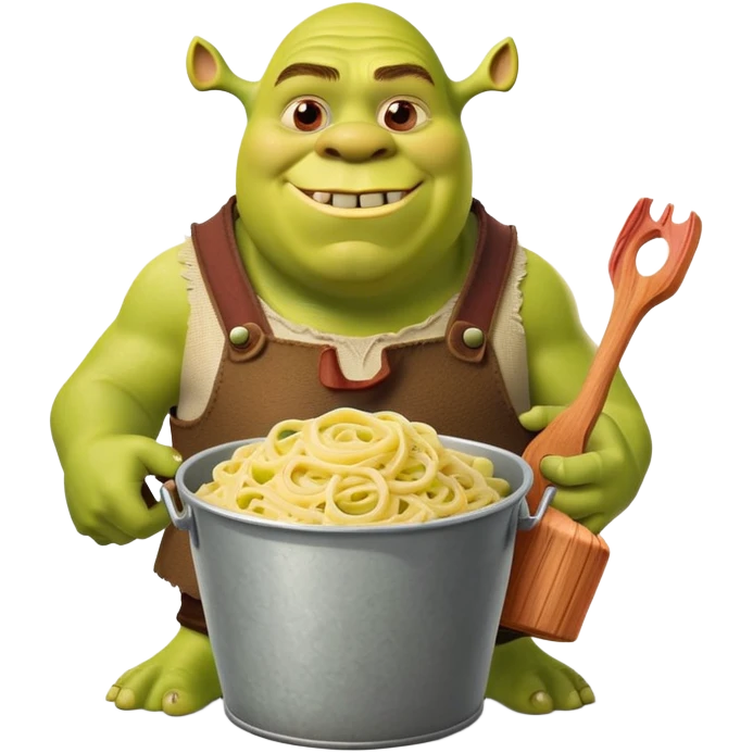 Shrek the green ogre holding a bucket full of carbonara pasta emoji