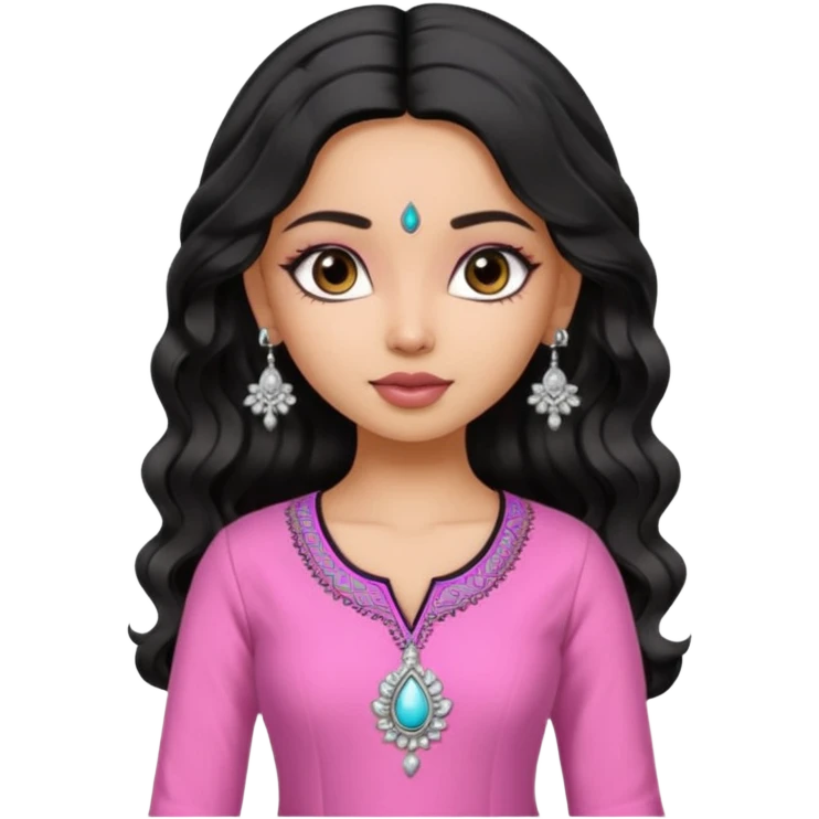 a pretty bratz fair indian girl wearing a pink kurti,  Silver jhumkas, black wavy hair emoji