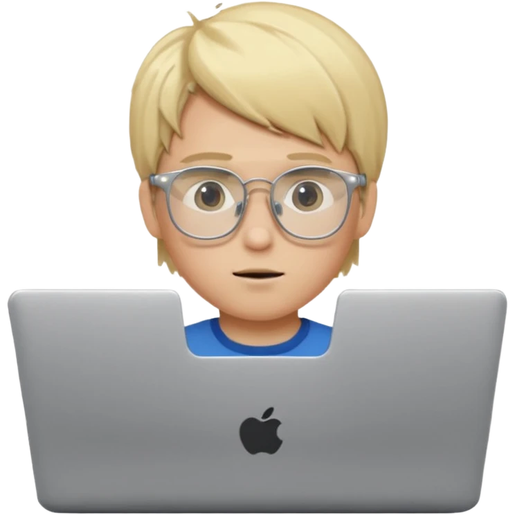 Blonde boy using laptop wearing clear glasses emoji