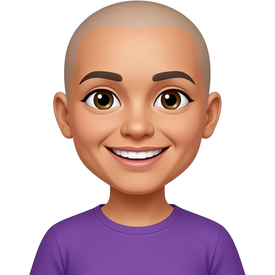 Mexican girl brown eyes whos bald snd and had a wide smile showing both sides of her teeth every single tooth purple shirt emoji