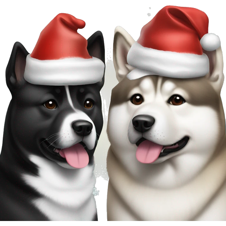 Two American Akita dogs one black and white and the other one fully black wearing Christmas hats emoji