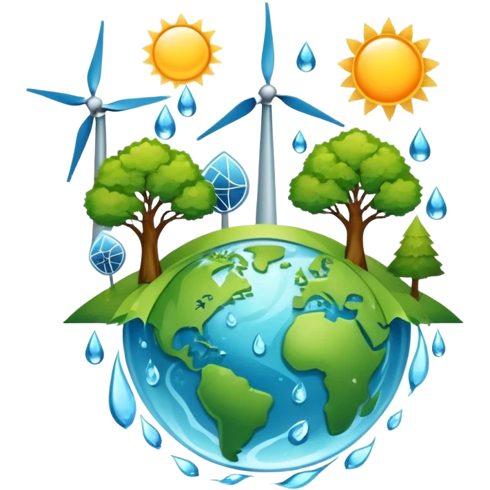 An icon featuring a green Earth, a tree, recycling symbols, and renewable energy sources like wind turbines, solar panels, and hydropower. The design includes animals, water droplets, and the sun, representing ecology, sustainable energy, and environmental protection. Transparent background. emoji