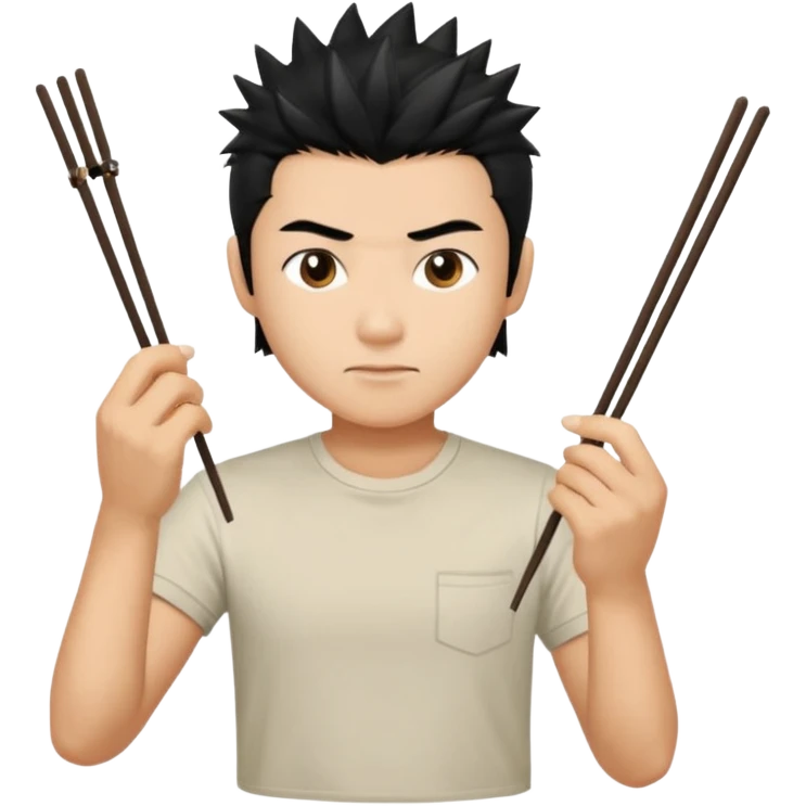 Make it a vietnamese male with spiky black hair holding only ONE pair of chopsticks in one hand, t-shirt. Please only ONE hand with chopsticks emoji