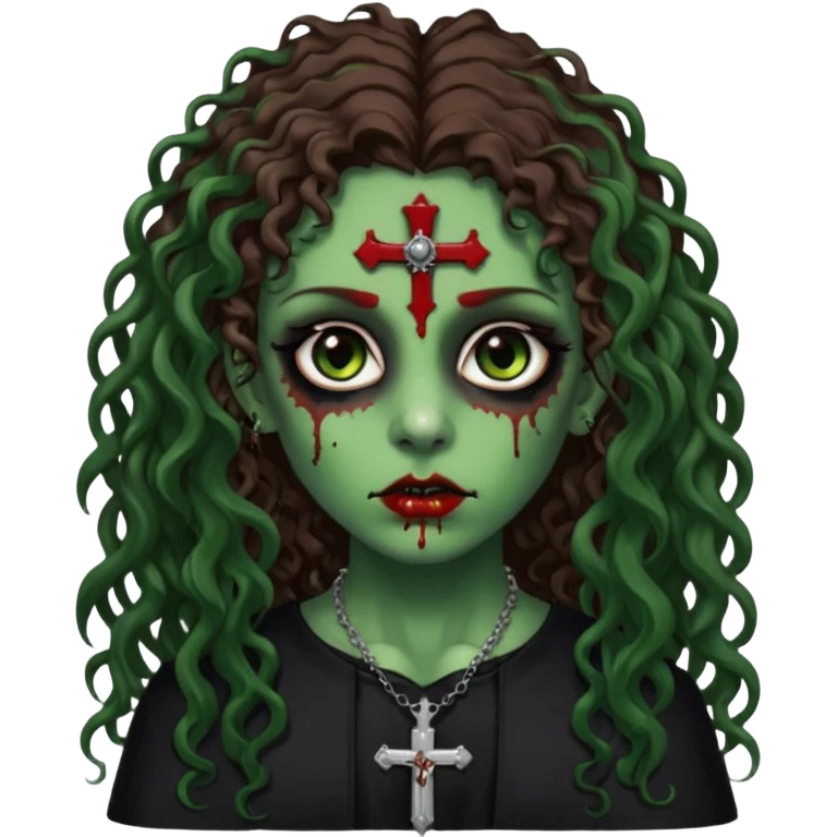 Zumbi verde com olhos castanhos aspecto de que tá sangrando, com cabelo marrom cacheado longo um piercing do lado esquerdo do nariz, roupa preta e crucifixo como colar, e também delineador  emoji