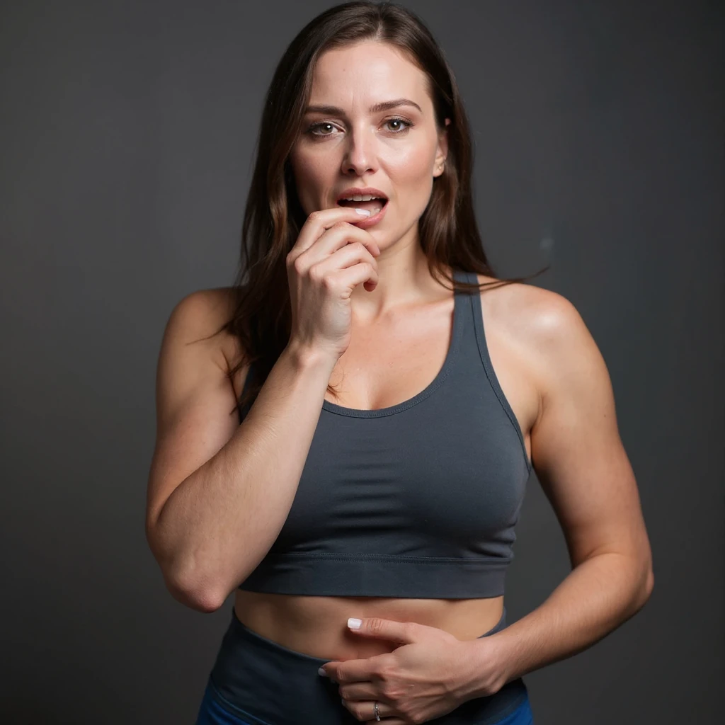 Realistic style woman in sportswear inspired by the reference photo, with one hand on her mouth and the other on her belly, indicating reflux, with a burning expression, neutral background. emoji
