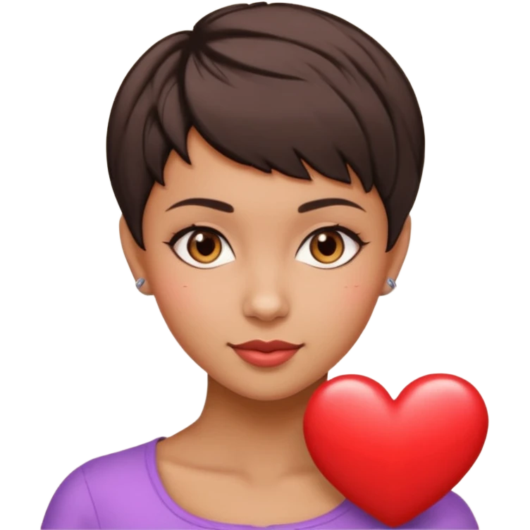 woman pixie cut dark brown hair, tan skin, brown eyes, heart shaped face emoji
