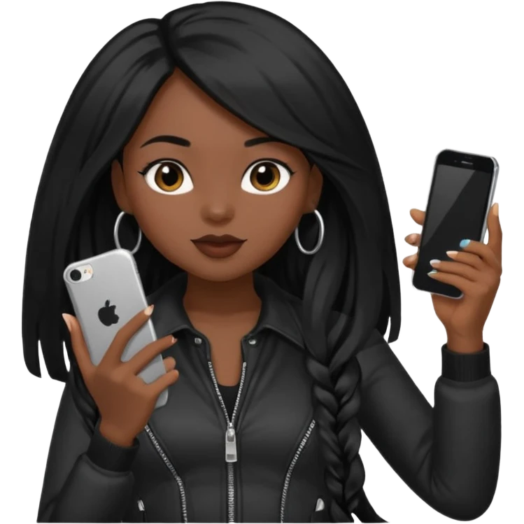 influencer girl black long haired, phone in hand, recording herself, confident, trendy, emoji