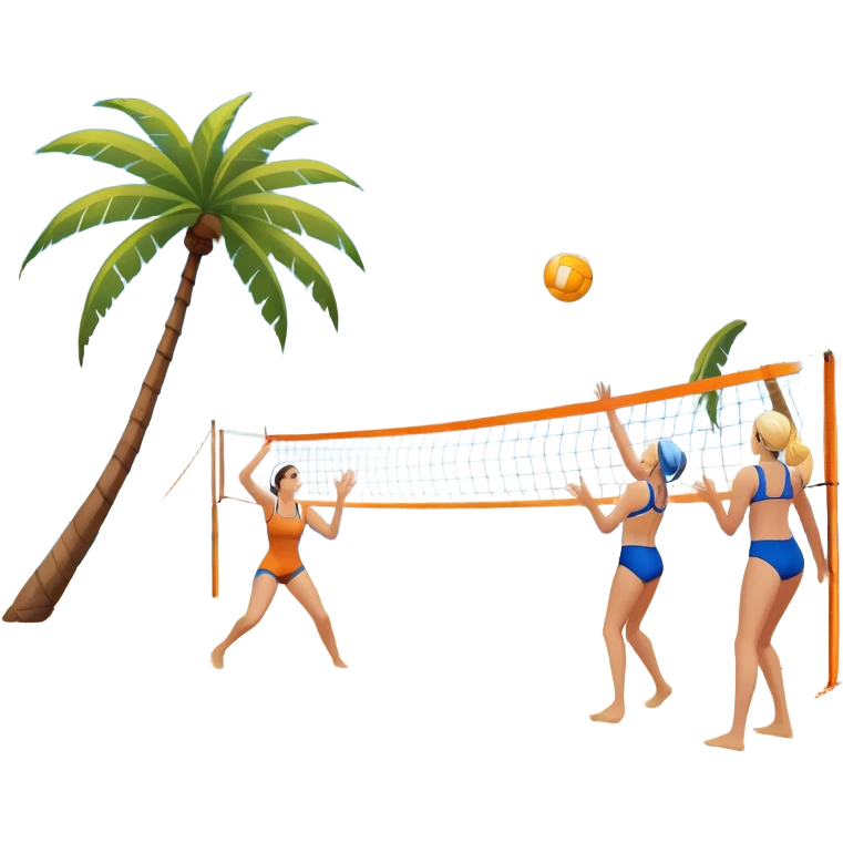A volleyball resting on the orange sand of a beach, with a volleyball net in the background. The scene includes a beautiful beach landscape with blue sea, sky, and palm trees, while a couple of women in swimsuits play in the distance, capturing the relaxed yet competitive vibe of beach volleyball. emoji